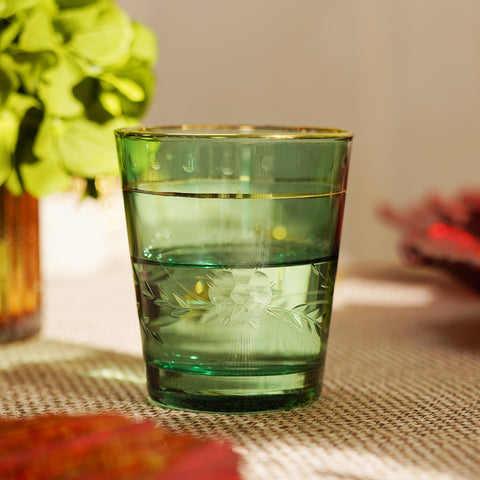 Set of 2 Green Floral Etching Drinking Glasses