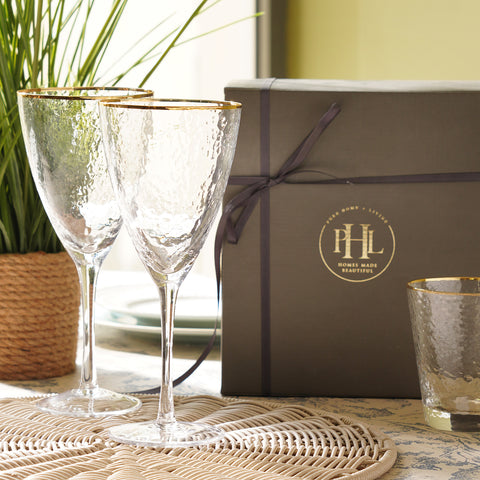 Set of 2 Clear Hammered Wine Glasses with Gold Rim