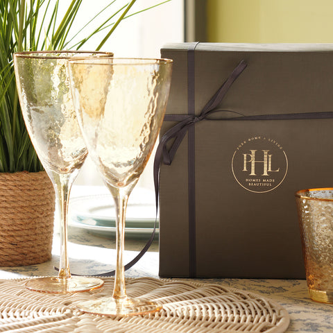 Set of 2 Gold Hammered Wine Glasses with Gold Rim