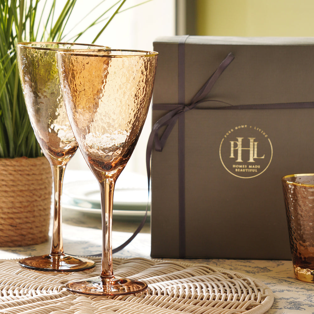 Set of 2 Brown Hammered Wine Glasses with Gold Rim