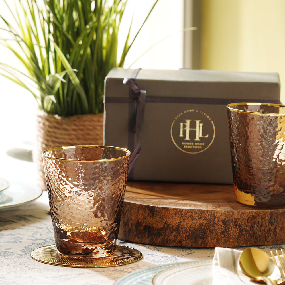 Set of 2 Brown Hammered Drinking Glasses with Gold Rim