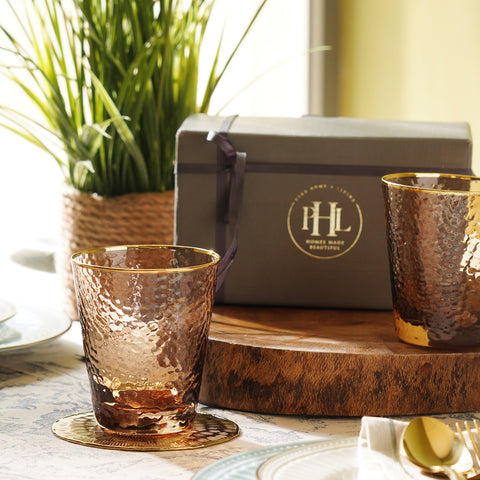 Set of 2 Brown Hammered Drinking Glasses with Gold Rim