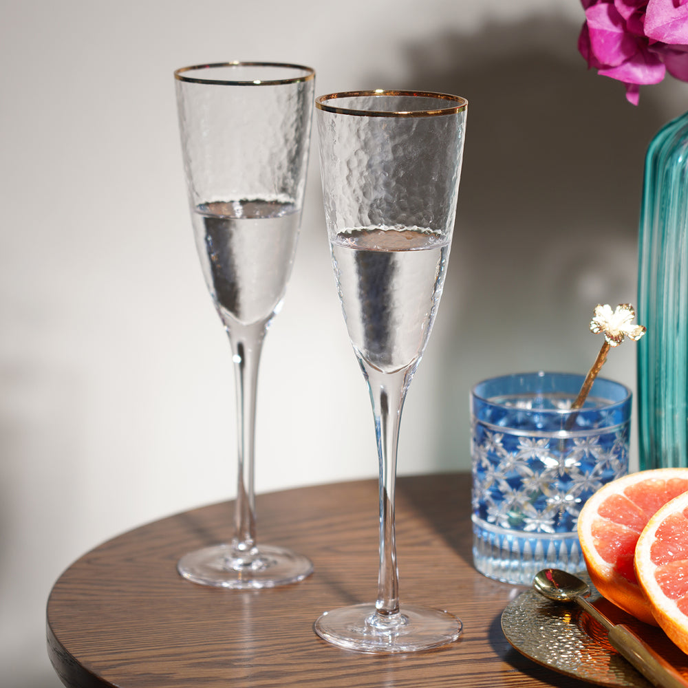 Set of 2 Clear Hammered Flute Glasses