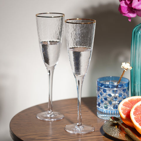 Set of 2 Clear Hammered Flute Glasses