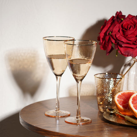 Set of 2 Gold Hammered Wine Glasses