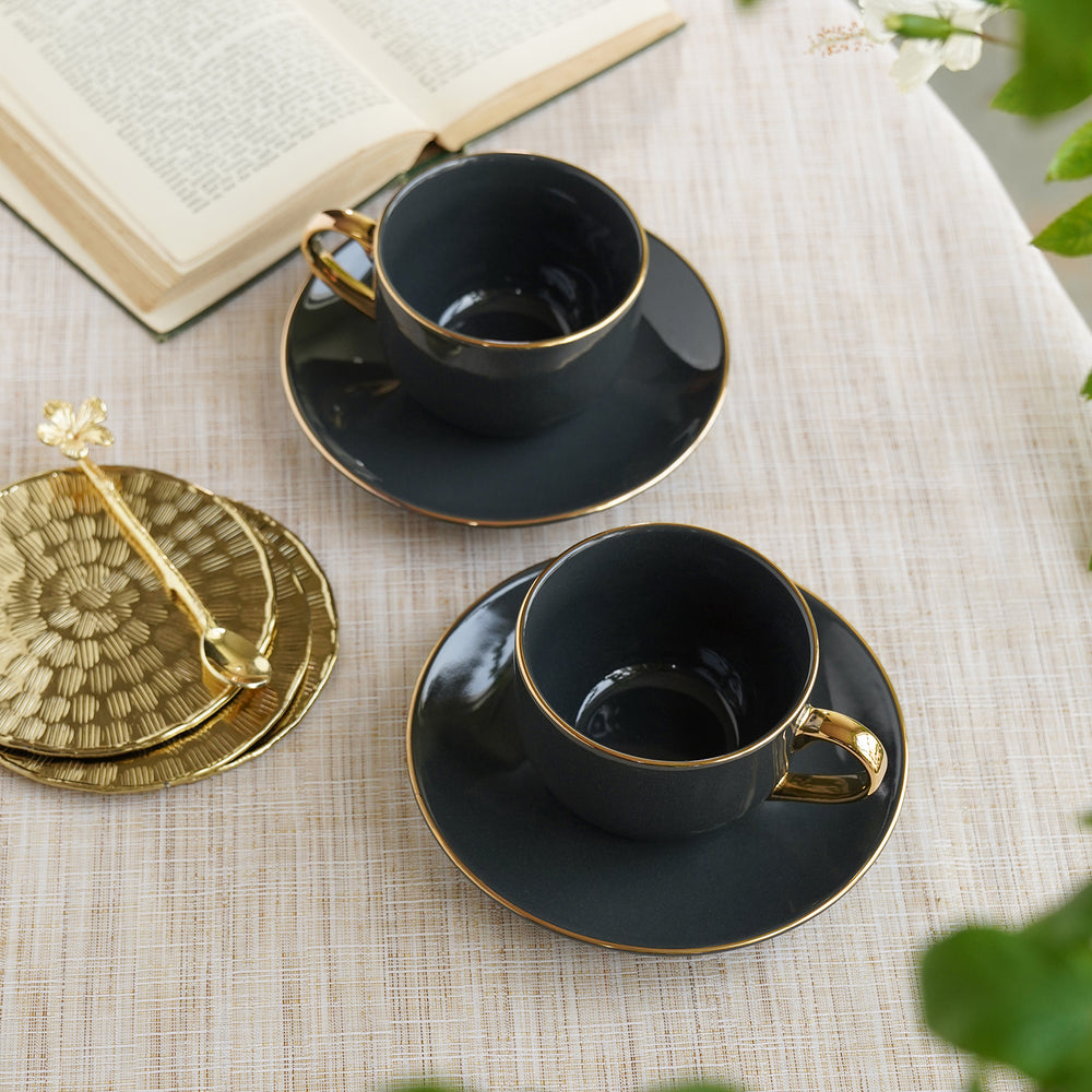 Set of 2 Dark Grey Senorita Tea Cups and Saucers