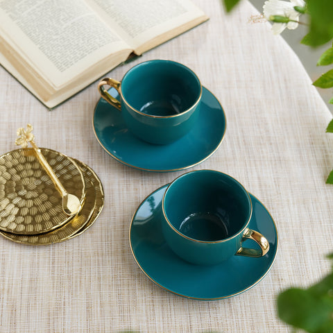 Set of 2 Teal Senorita Tea Cups and Saucers