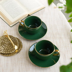 Set of 2 Dark Green Senorita Tea Cups and Saucers