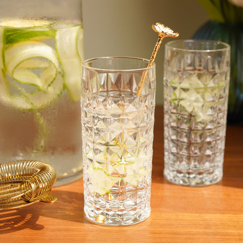 Set of 6 Clear Diamond Textured Highball Glasses