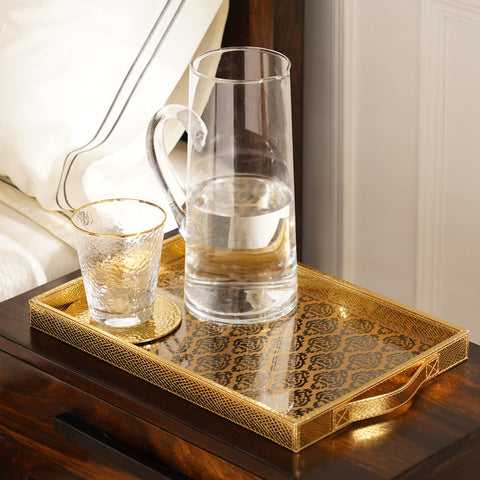 Gold Rectangle Printed Glass Faux Leather Tray