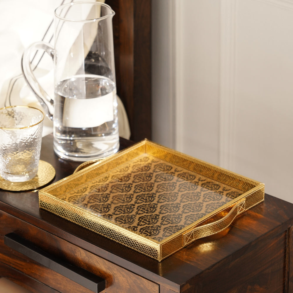 Gold Sqaure Printed Glass Faux Leather Tray