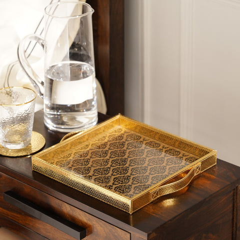 Gold Sqaure Printed Glass Faux Leather Tray