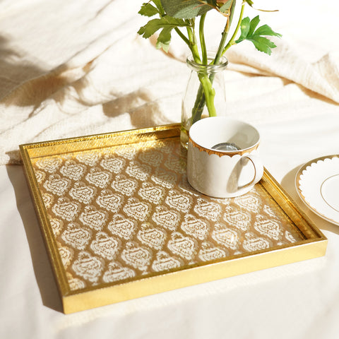 Gold Square Printed Glass Faux Leather Platter