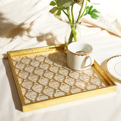 Gold Square Printed Glass Faux Leather Platter