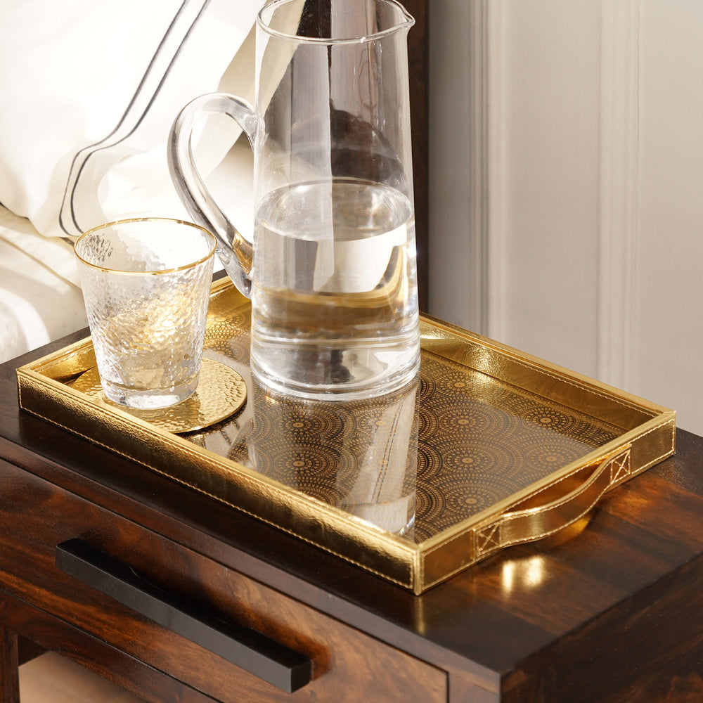 Gold Printed Glass Rectangle Faux Leather Tray -Large