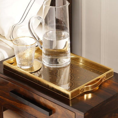 Gold Printed Glass Rectangle Faux Leather Tray -Large