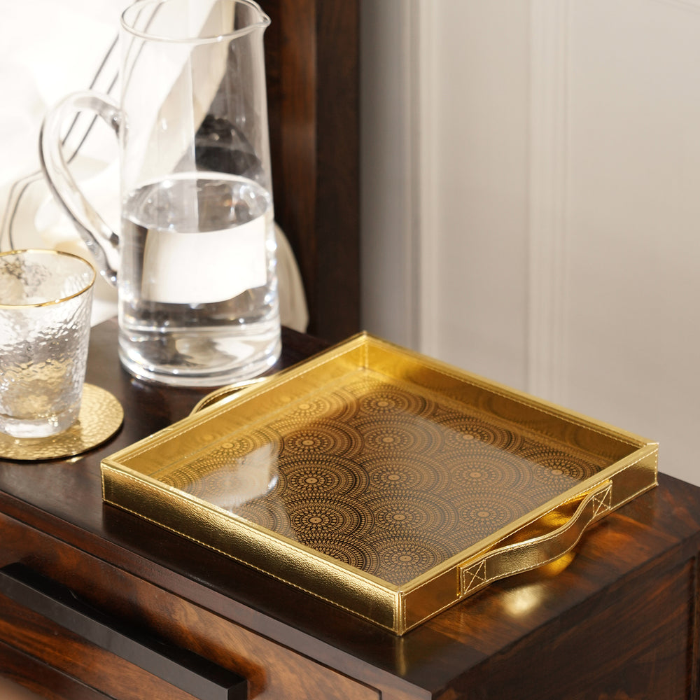 Gold Printed Glass Square Faux Leather Tray