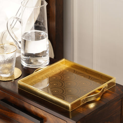 Gold Printed Glass Square Faux Leather Tray