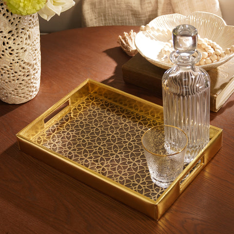 Gold Lazer Cut Rectangle Faux Leather Tray