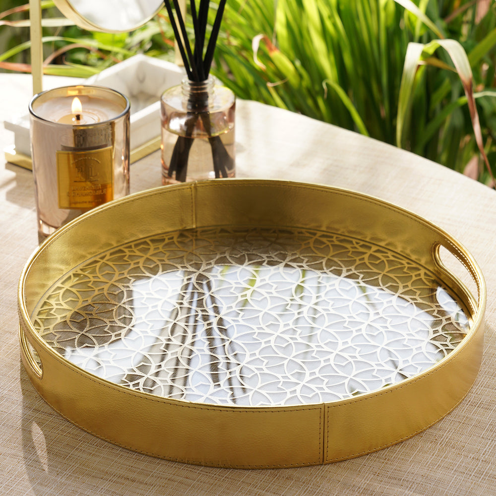 Gold Lazer Cut Round Faux Leather Tray