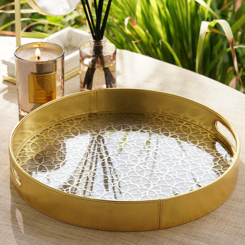 Gold Lazer Cut Round Faux Leather Tray