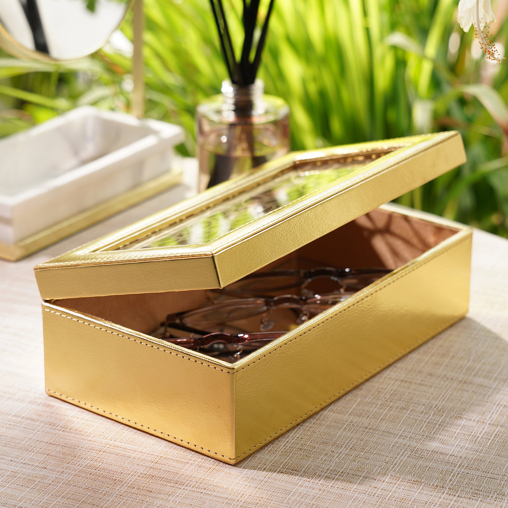 Gold Faux Leather Box with Lazer Cut Glass Lid