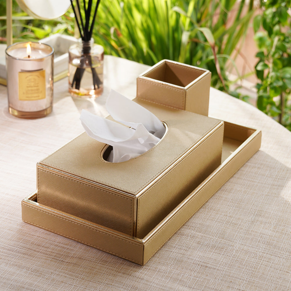 Set of 3 Gold Faux Leather Bathroom Accessories