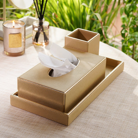 Set of 3 Gold Faux Leather Bathroom Accessories
