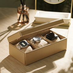 Gold 3 Compartment Faux Leather Watch Box