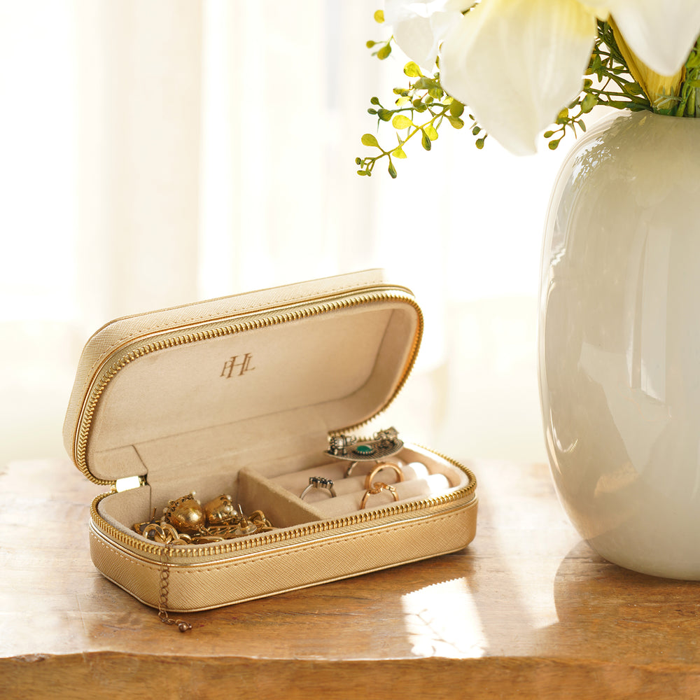 Gold Rectangle Faux Leather Travel Jewellery Box