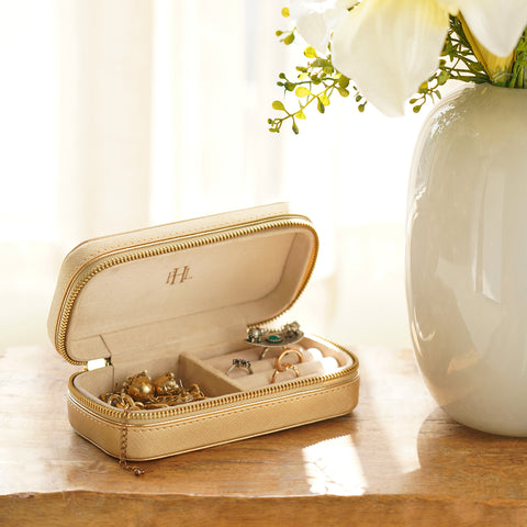 Gold Rectangle Faux Leather Travel Jewellery Box