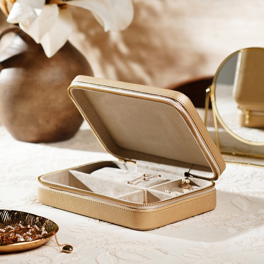 Gold Rectangle Faux Leather Travel Jewellery Box