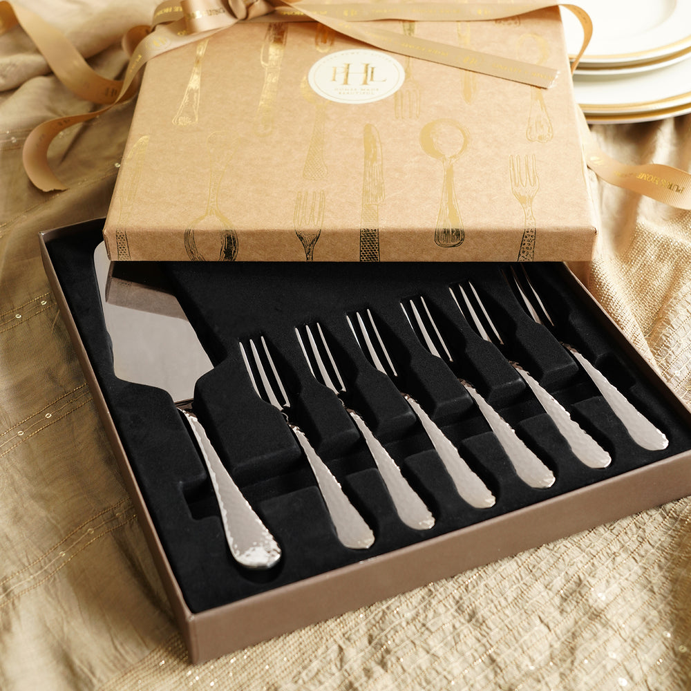 Set of 7 Silver Stainless Steel Pastry Server and Forks
