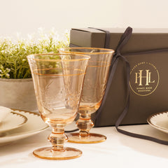 Set of 2 Gold Floral Etching Wine Glasses