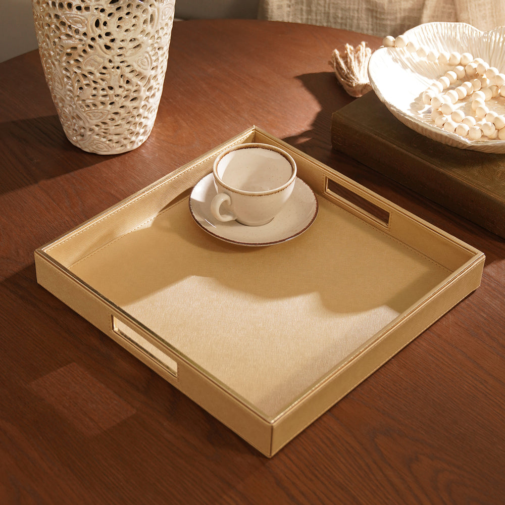 Gold Faux Leather Sqaure Serving Tray