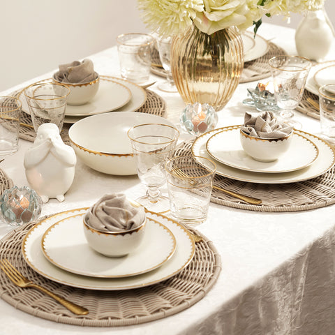 Set of 20 Ivory Gold Scalloped Rim Ceramic Dinnerware