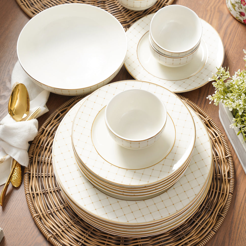 Set of 20 Ivory Gold Criss Cross Ceramic Dinnerware