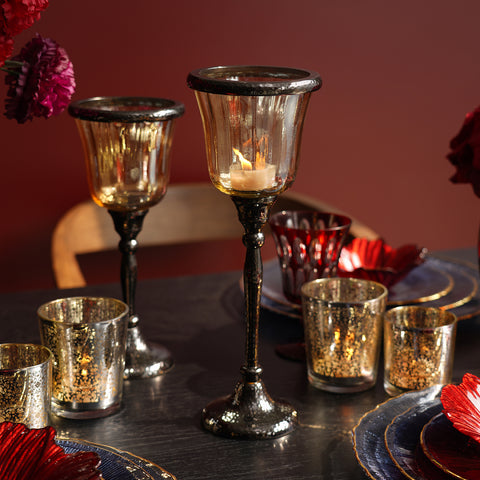 Gold and Black Antique Glass Hurricane - Large