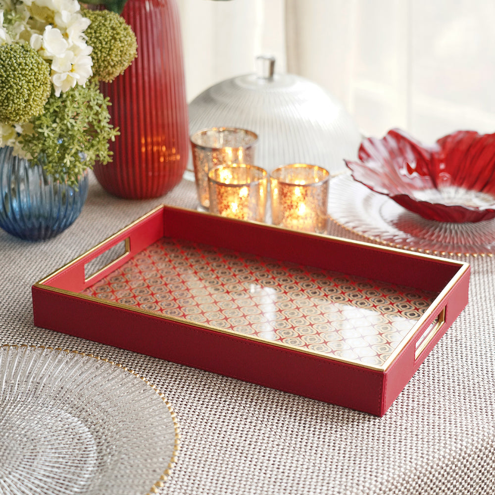 Red Printed Glass Faux Leather Tray - Small