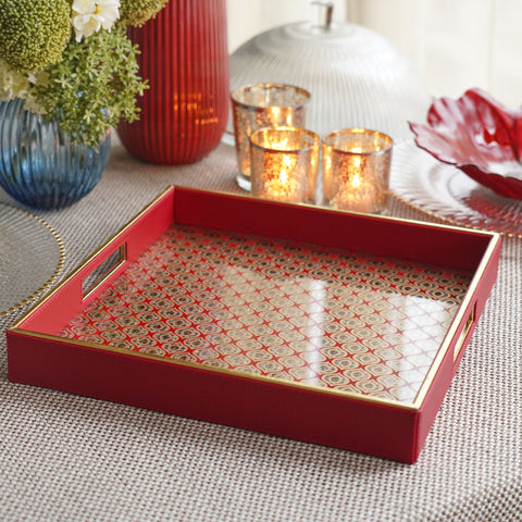 Red Printed Glass Faux Leather Tray - Small