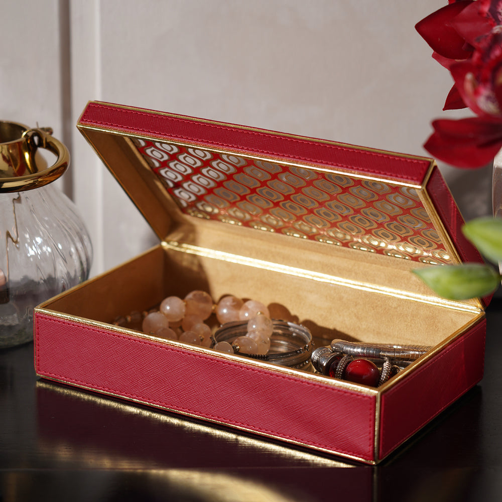 Red Printed Glass Faux Leather Storage Box with Lid