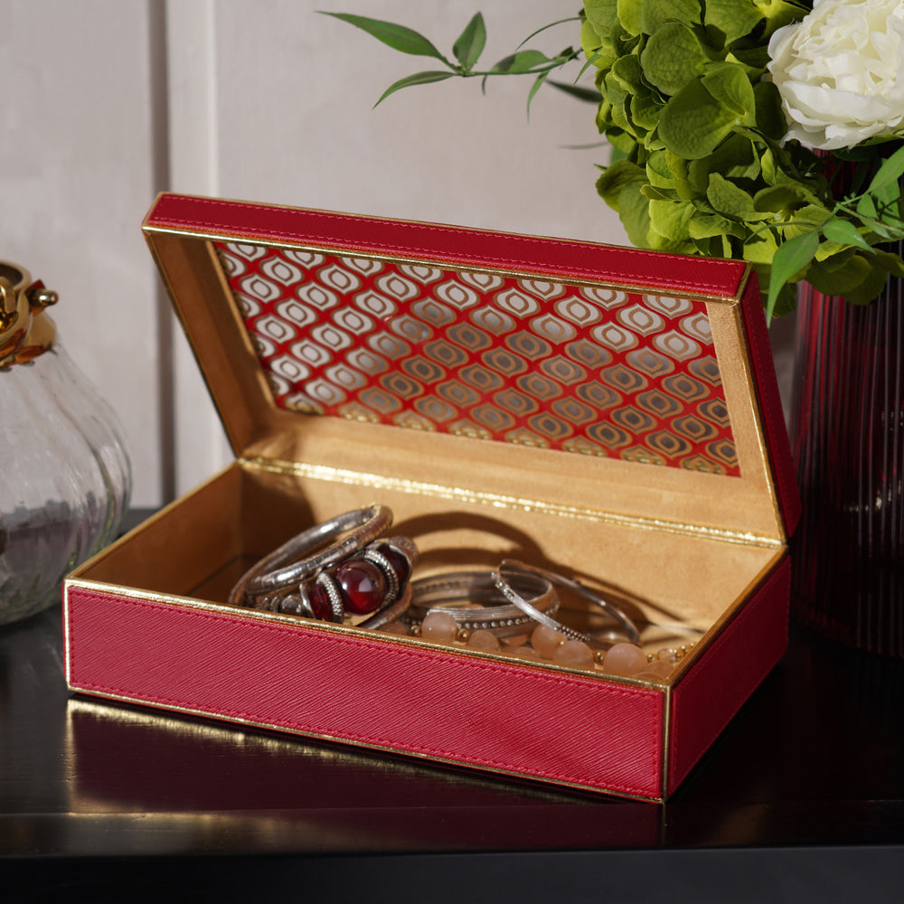 Red Printed Glass Faux Leather Storage Box with Lid
