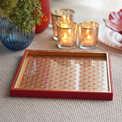 Red Printed Glass Faux Leather Platter
