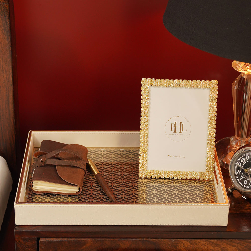 Cream Lazer Cut Rectangle Faux Leather Tray