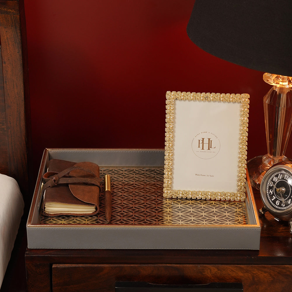 Grey Lazer Cut Rectangle Faux Leather Tray