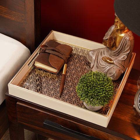 Cream Lazer Cut Square Faux Leather Tray