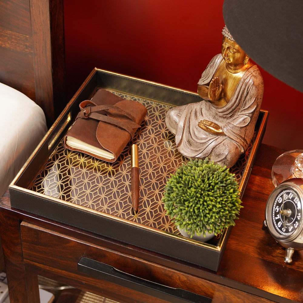 Black Lazer Cut Square Faux Leather Tray