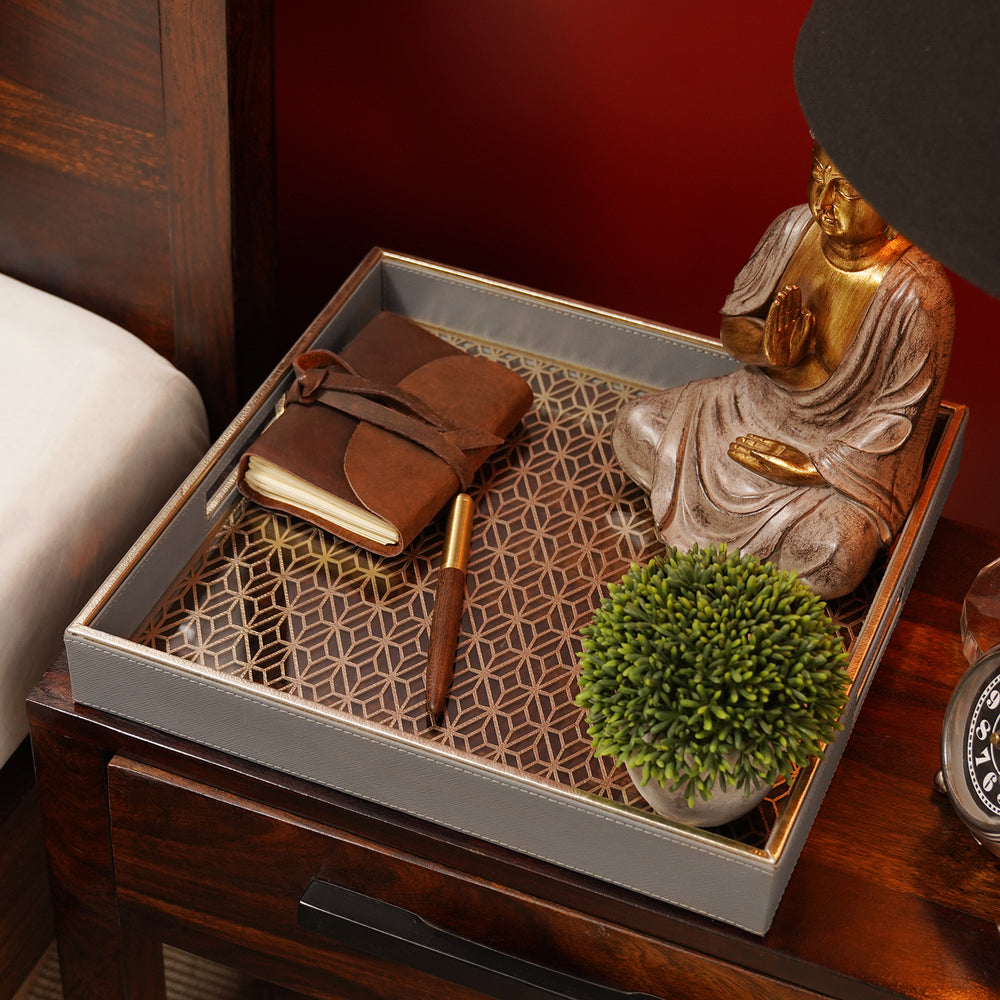 Grey Lazer Cut Square Faux Leather Tray