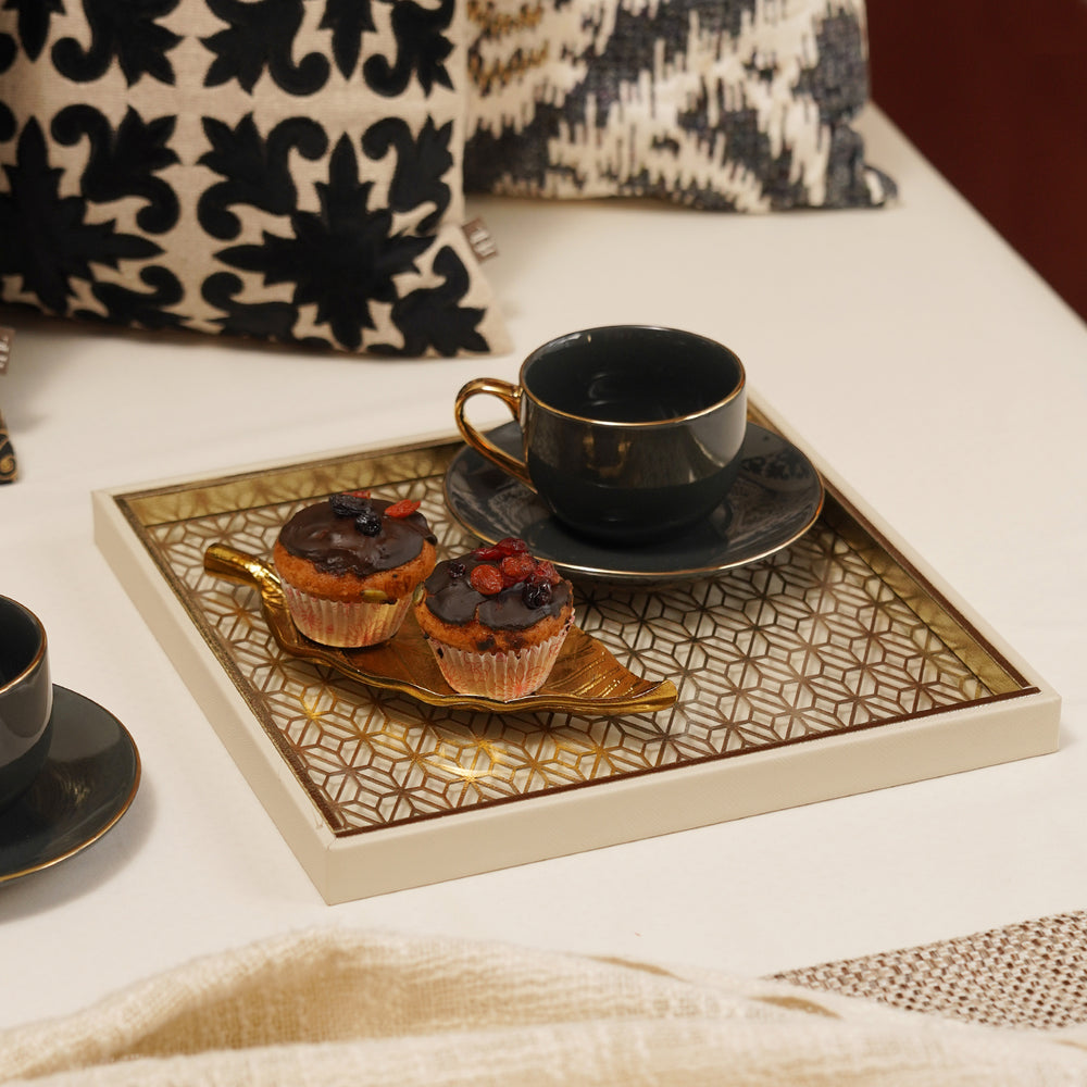 Cream Lazer Cut Square Faux Leather Tray