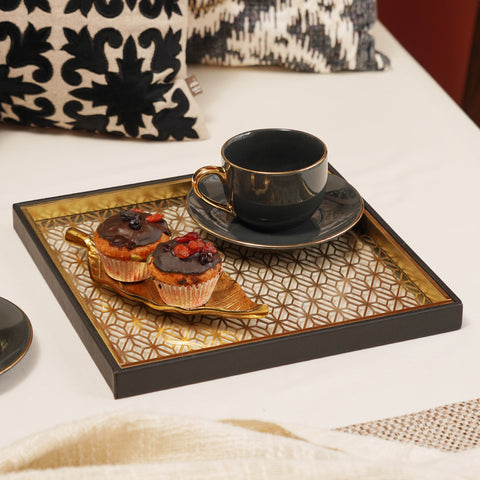 Black Printed Glass Faux Leather Platter